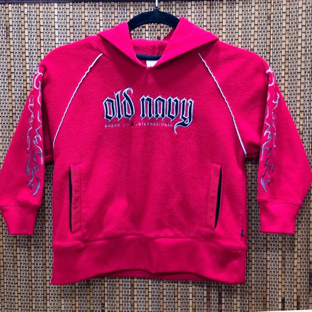 Y2K Old Navy Kids Red Fleece Hoodie Flame Sleeve Gothic Logo Pullover XS Vintage